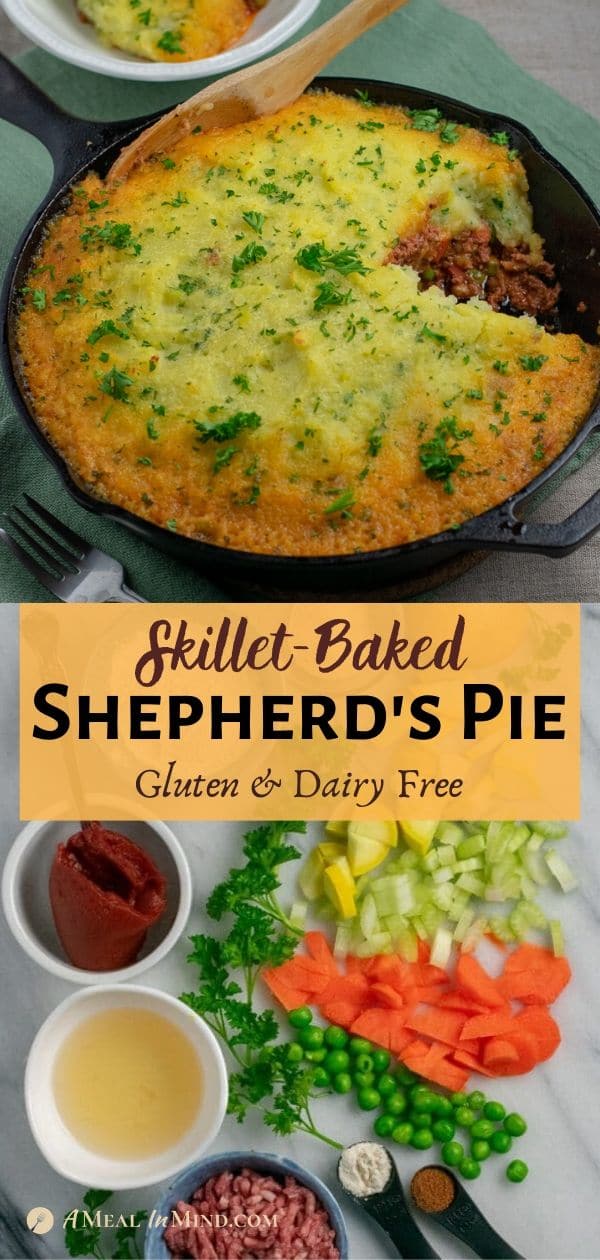 beef shepherd's pie baked in skillet pinterest collage with ingredients