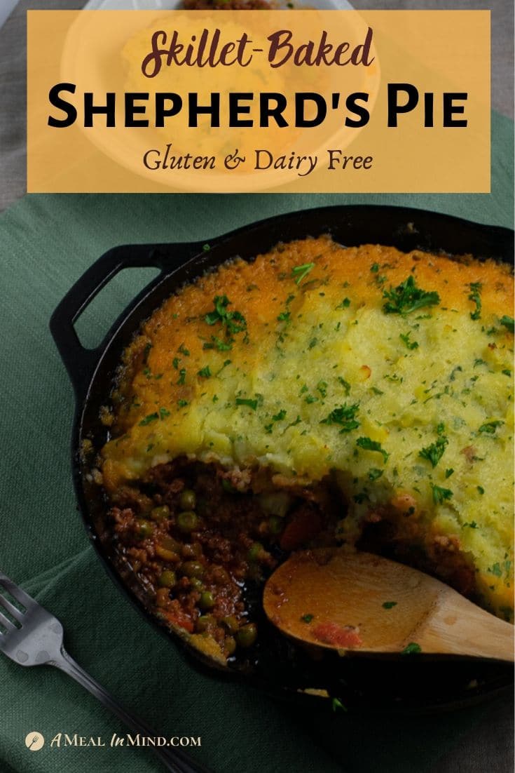 beef shepherd's pie baked in iron skillet party served