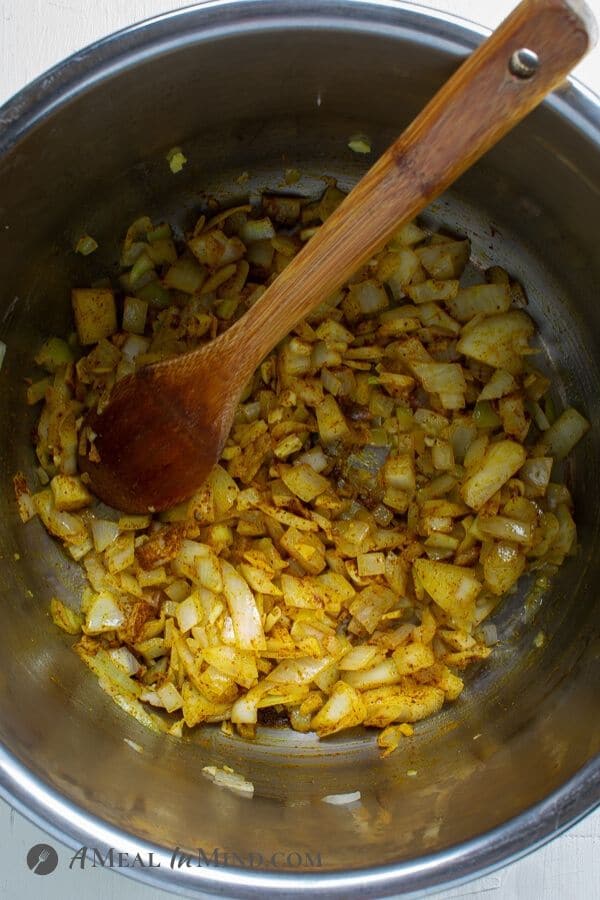 Instant Pot Swiss Chard Saag after adding spices to onions