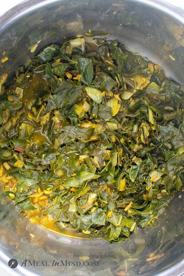 Instant Pot Swiss Chard Saag with greens added to Instant Pot