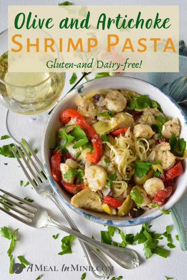 shrimp pasta with olives and artichokes pinterest image