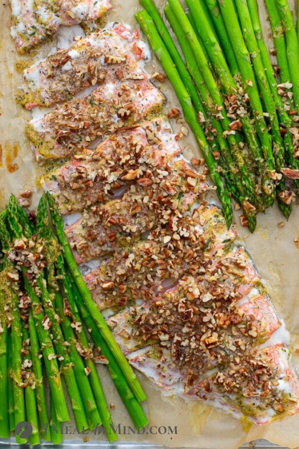 Garlic-Pecan-Salmon Pasta salmon at the end of baking on tray