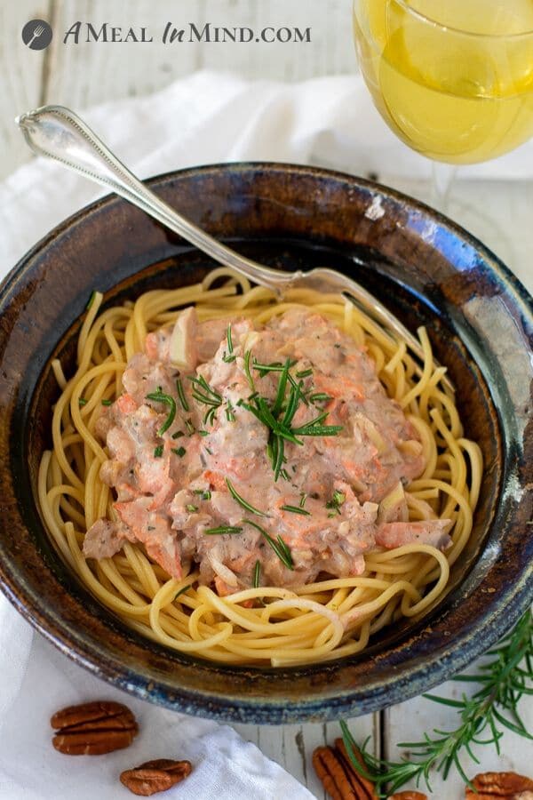 Garlic-Pecan-Salmon Pasta in ceramic bowl