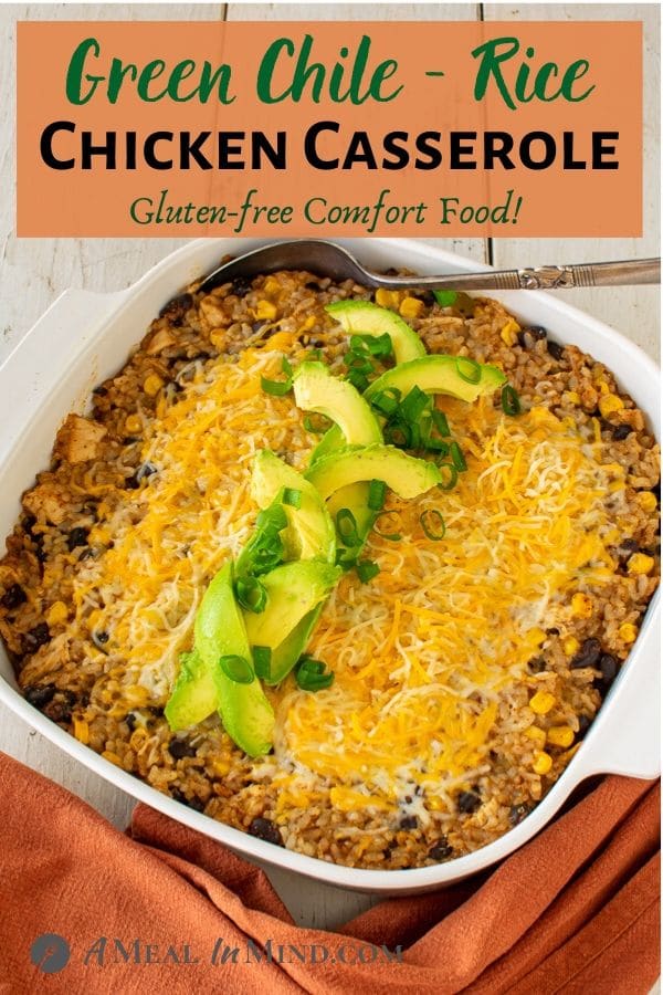 Green-Chile-Rice Chicken Casserole in baking dish