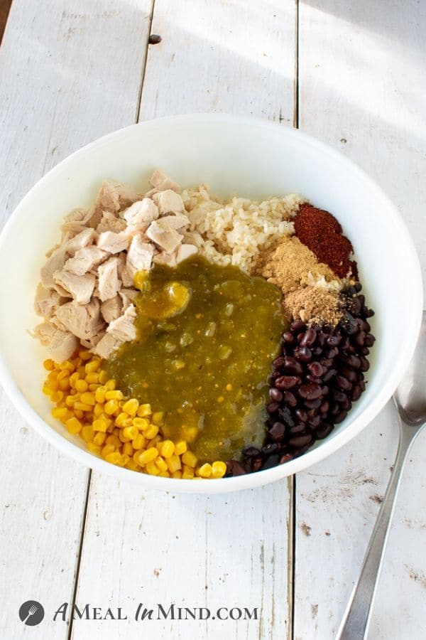 Green-Chile-Rice Chicken Casserole ingredients in bowl