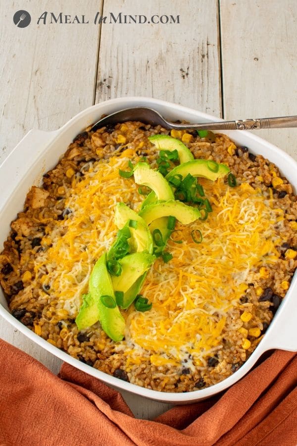 Green-Chile-Rice Chicken Casserole in baking dish