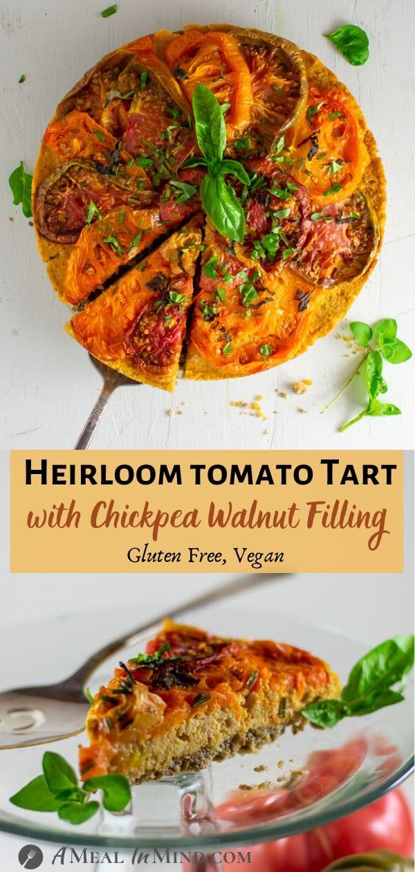 pinterest collage of savory roasted heirloom tomato tart with chickpea-walnut filling