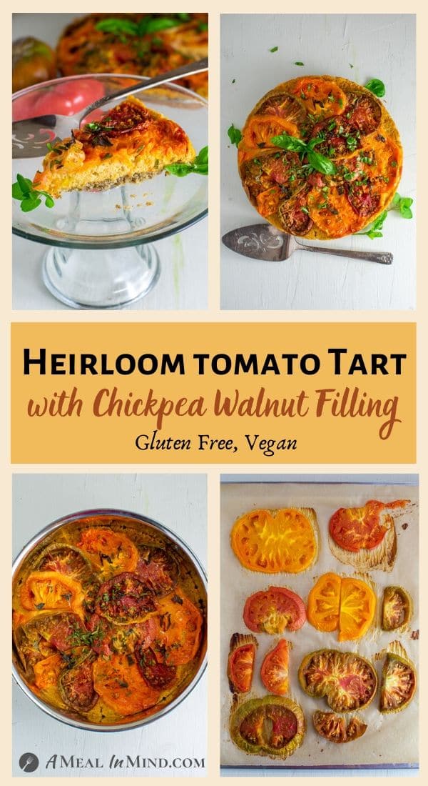 pinterest collage of savory roasted heirloom tomato tart with chickpea-walnut filling
