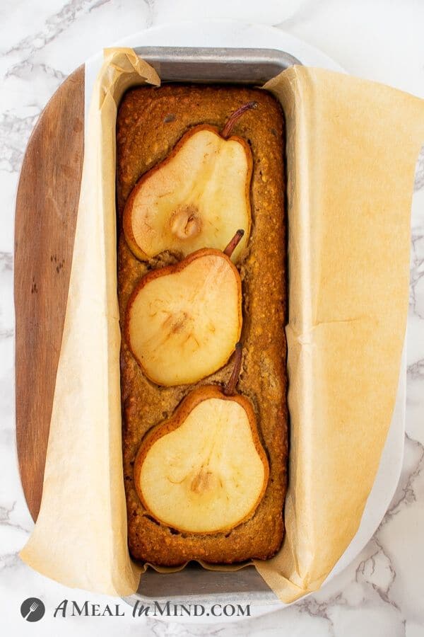 Walnut-Ginger Pear Bread in baking pan