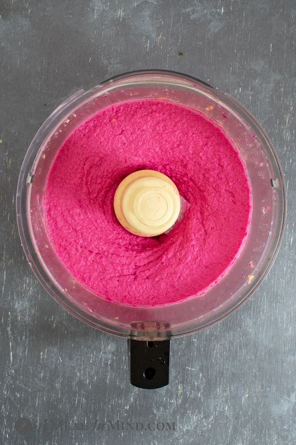 Beet Artichoke Hummus after blending in the food processor