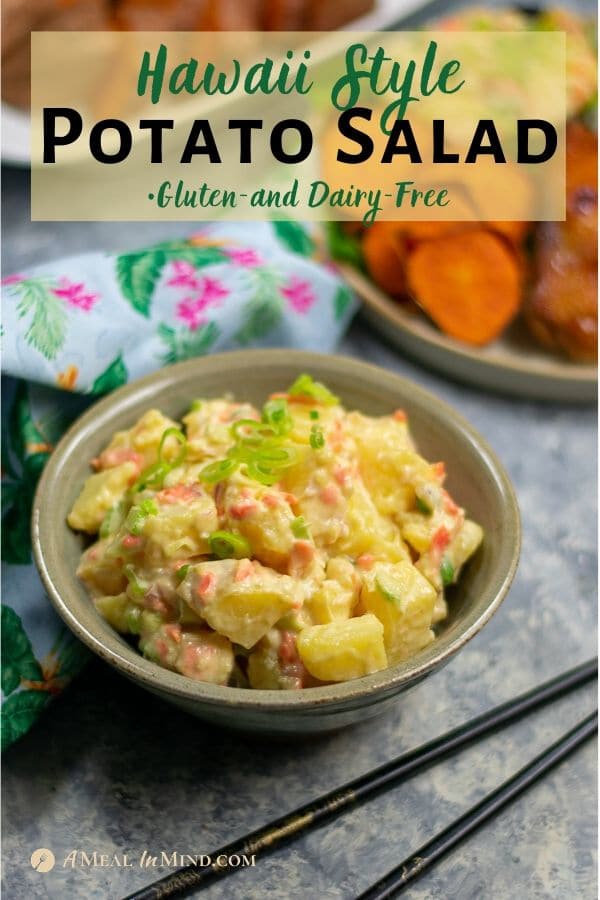 delicious hawaii style potato salad in tan bowl