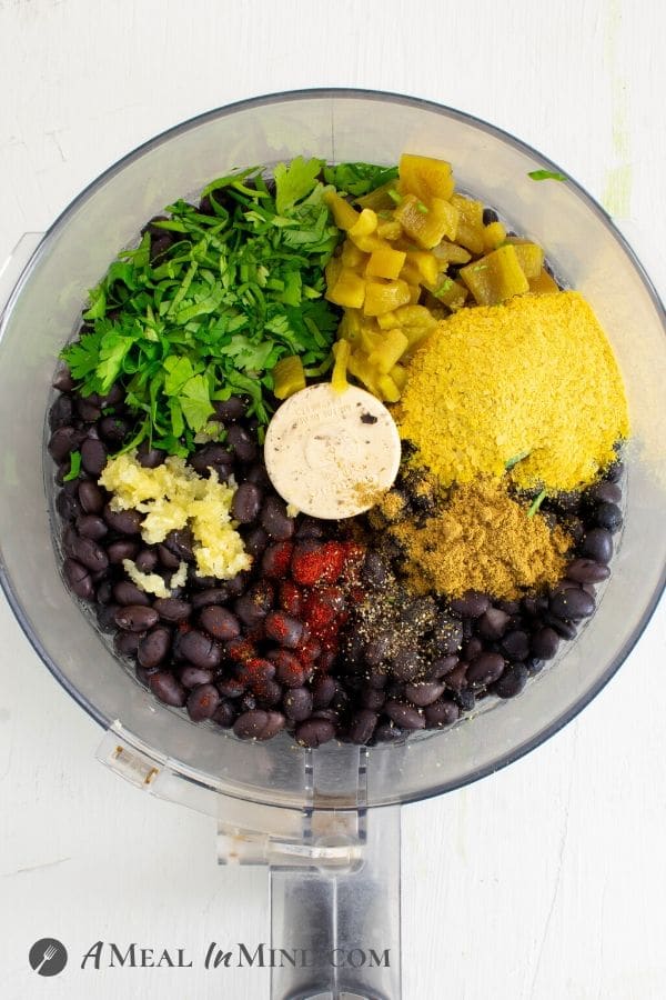 ingredients for black bean dip in food processor