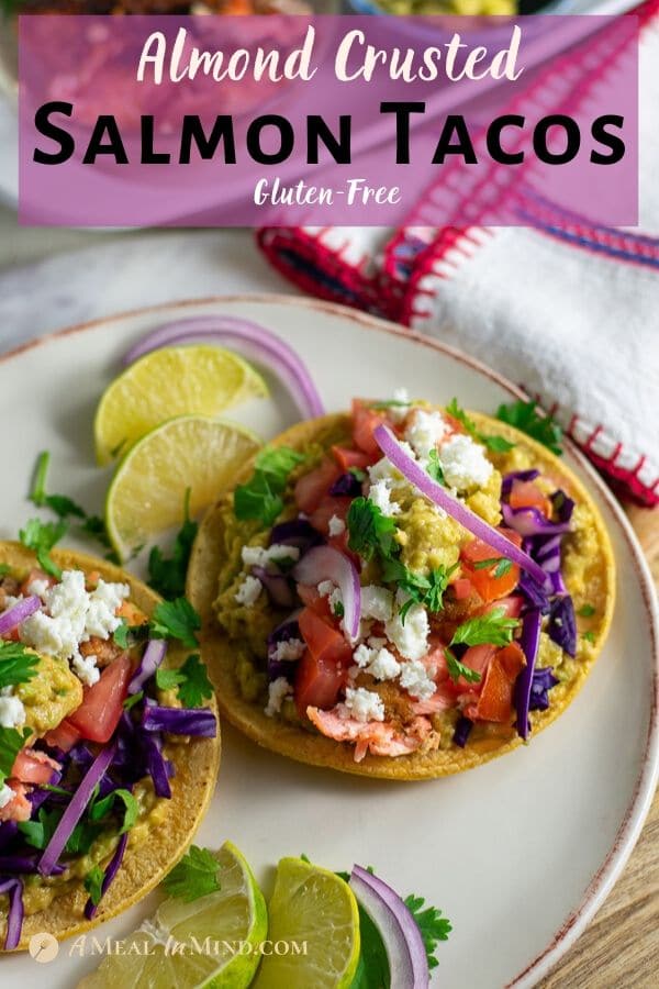 almond crusted salmon tacos gluten free on ivory plate