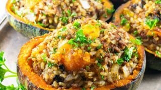 Ground Beef Stuffed Kabocha Squash on silver tray