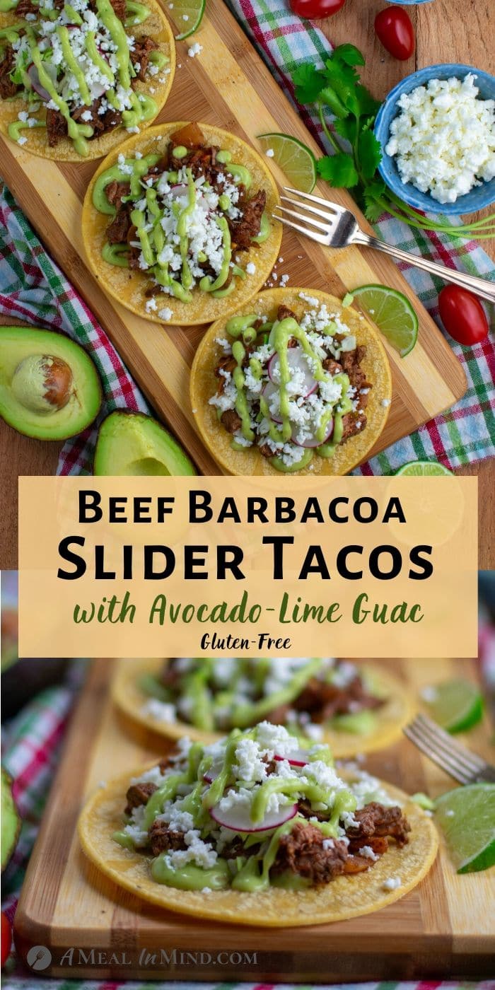 Beef Barbacoa Slider Tacos with Avocado Lime Guac on wooden board with toppings