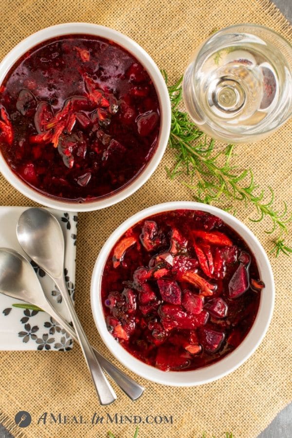 gorgeous Beet-Cabbage Borscht Soup in bowls without toppings
