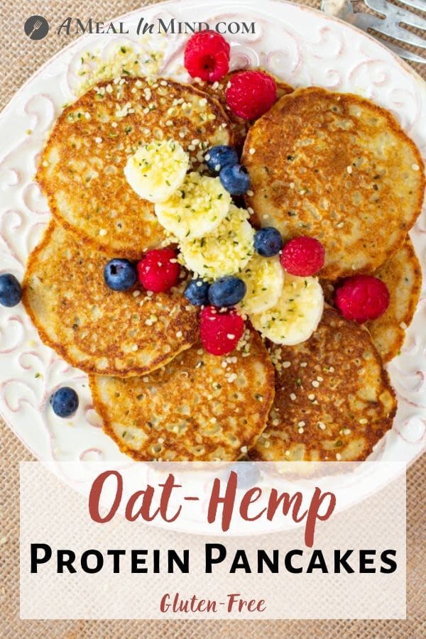 Oat-Hemp Protein Pancakes with fruit on white plate pinterest image
