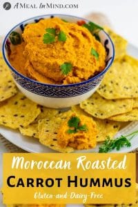 Moroccan Roasted-Carrot Hummus in patterned bowl with chips pinterest image