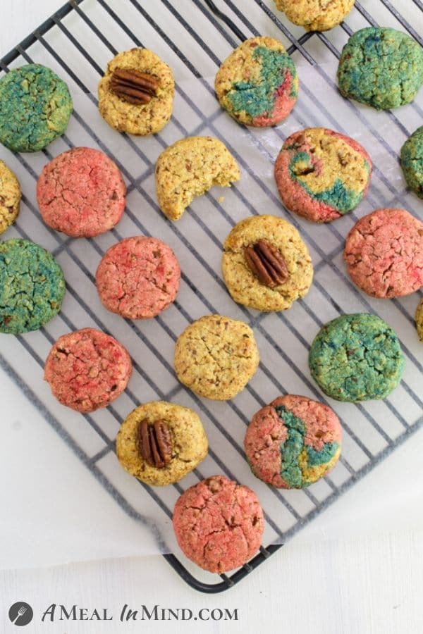 Pecan Almond Flour Red White and Blue Cookies on cooking rack from overhead