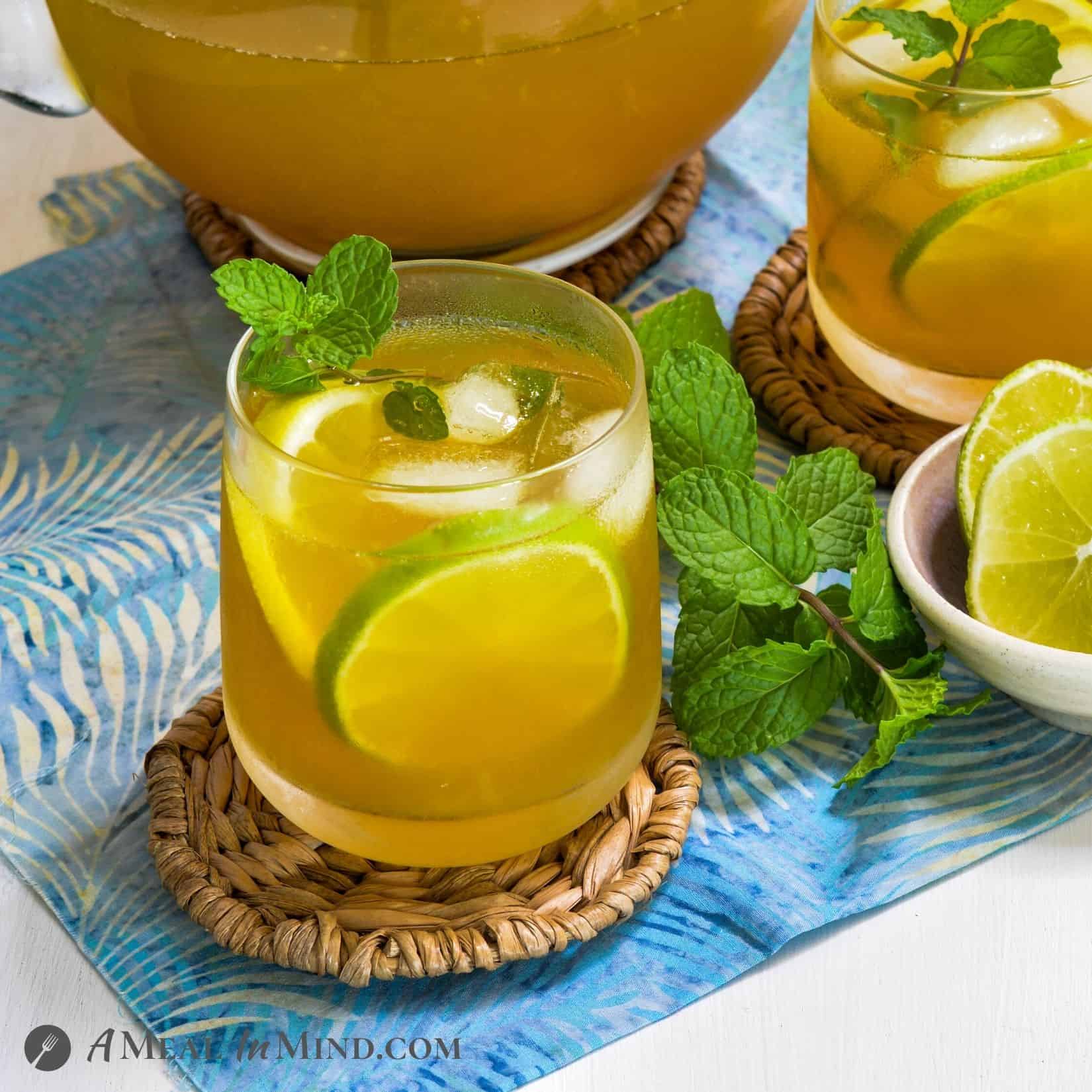 Turmeric-Ginger Lemon Tea close up of garnished glass of tea