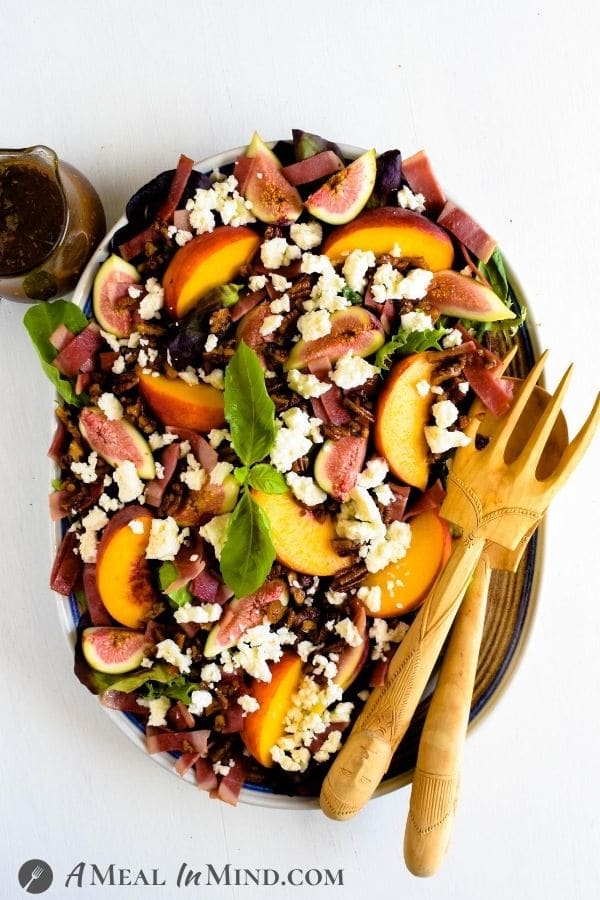 Fig-Peach Pecan Salad with Feta and Balsamic Vinaigrette on large platter