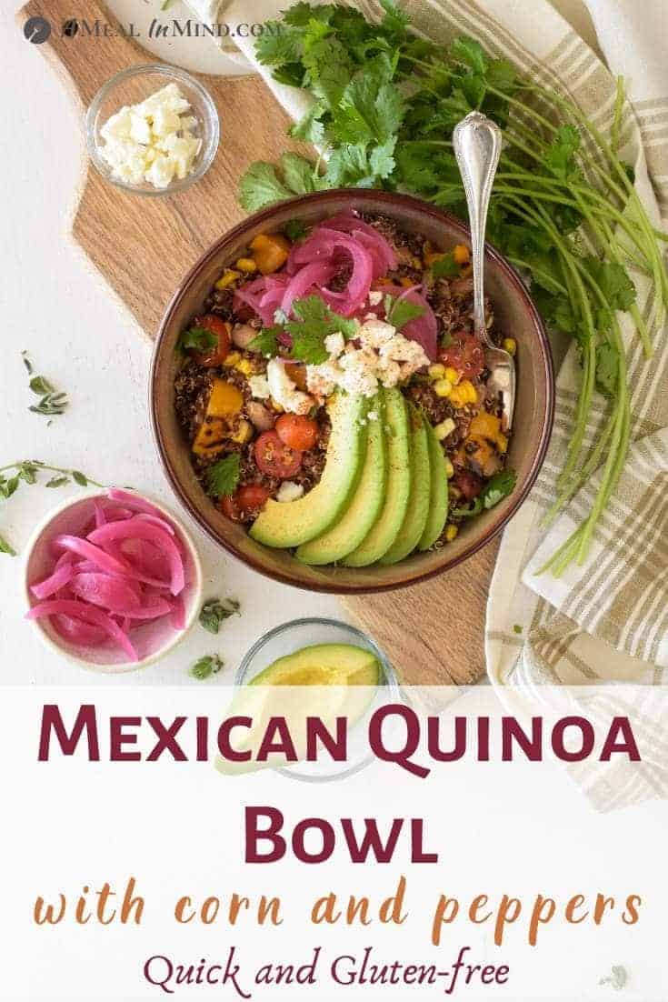 Mexican Quinoa Bowl with Corn and Peppers pinterest image overhead