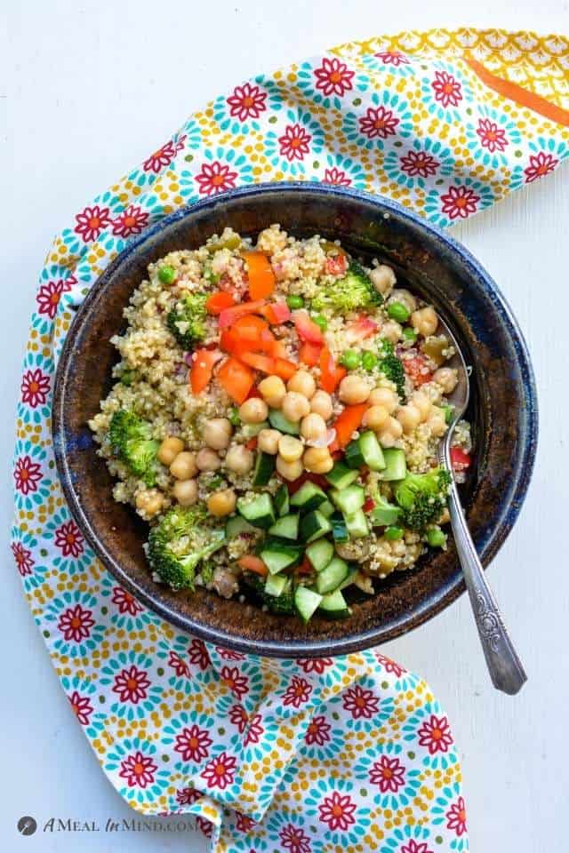 Mexican Quinoa Bowl with Corn and Peppers overhead