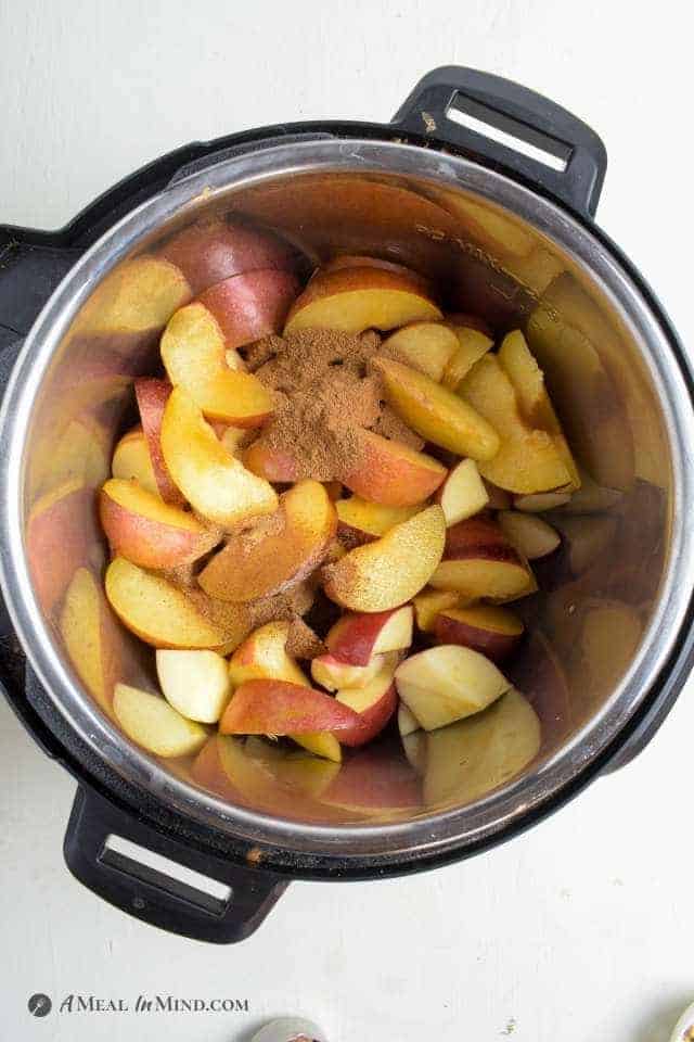 pluots, apples, spice mix and coconut sugar in Instant Pot