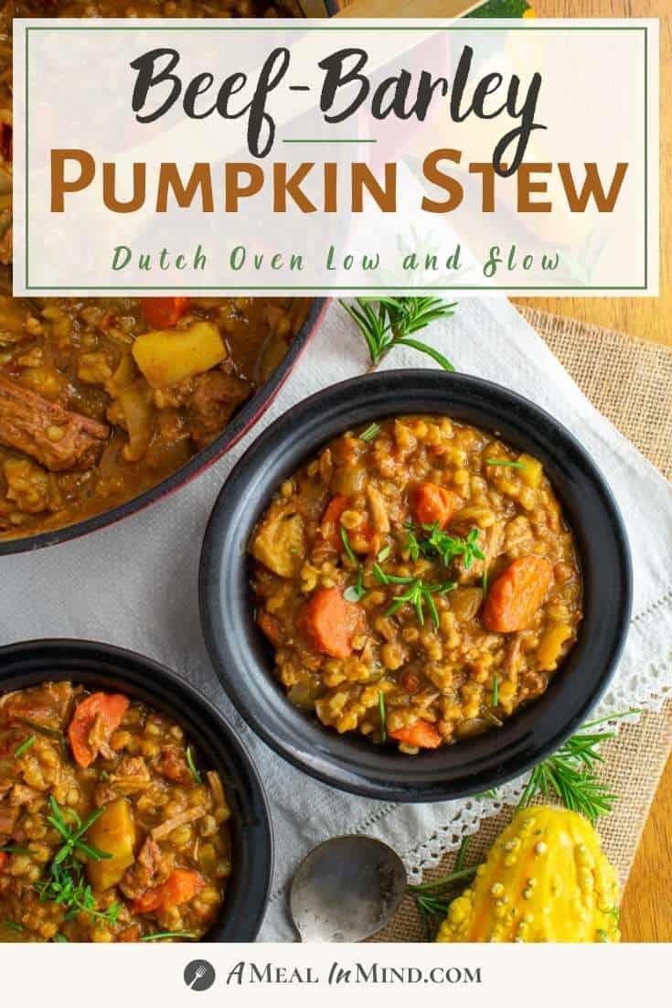 beef-barley pumpkin stew in Dutch oven and black bowls