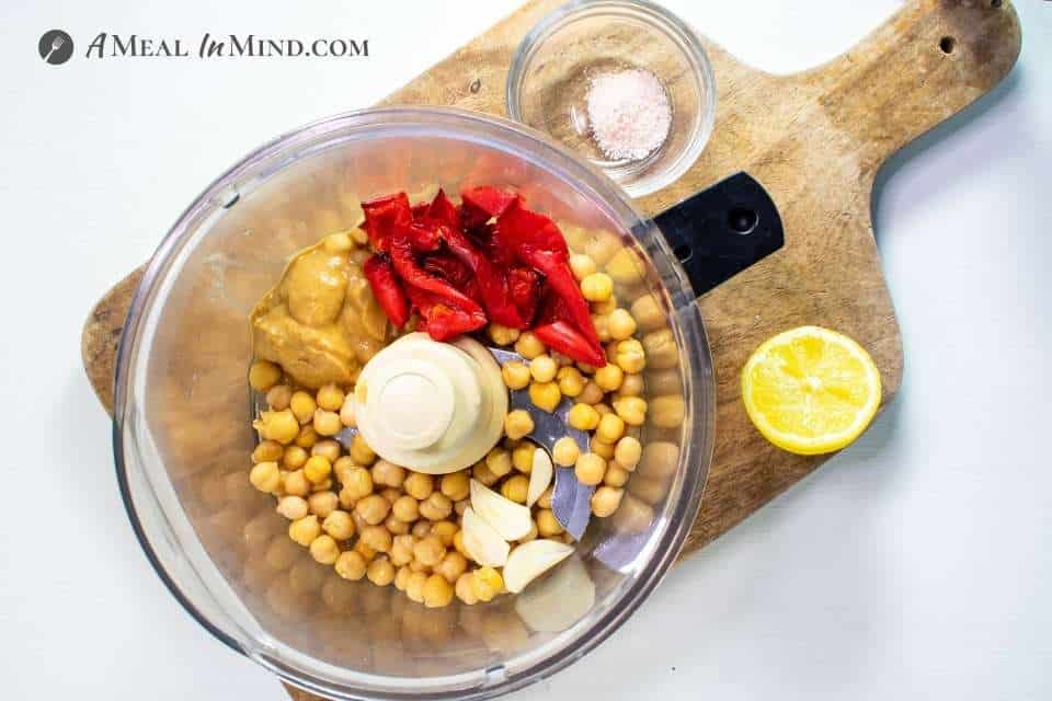 ingredients for Red Bell Pepper Hummus in food processor