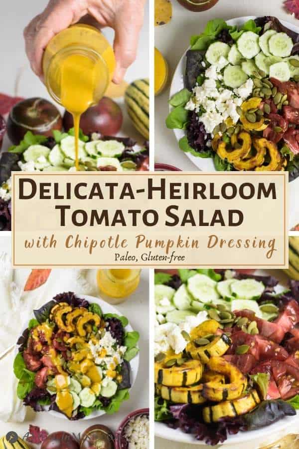 4 image pinterest collage of delicata heirloom tomato salad