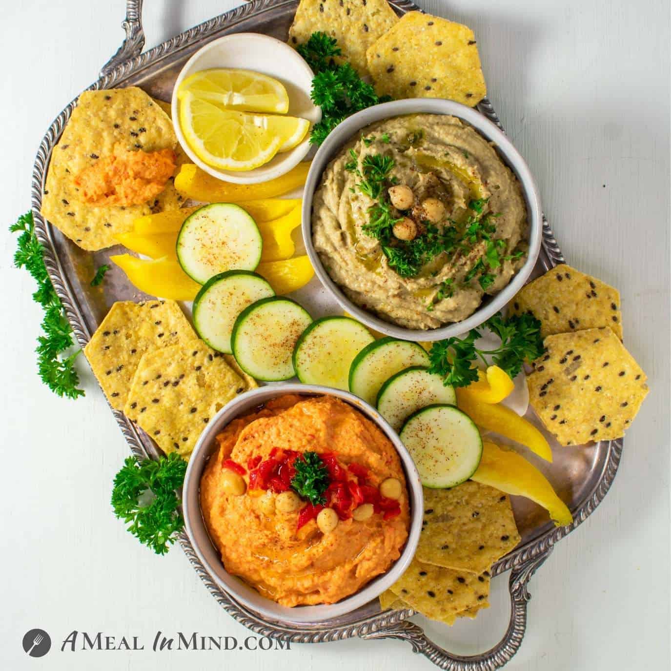 Eggplant and Red Bell Pepper Hummus Platter