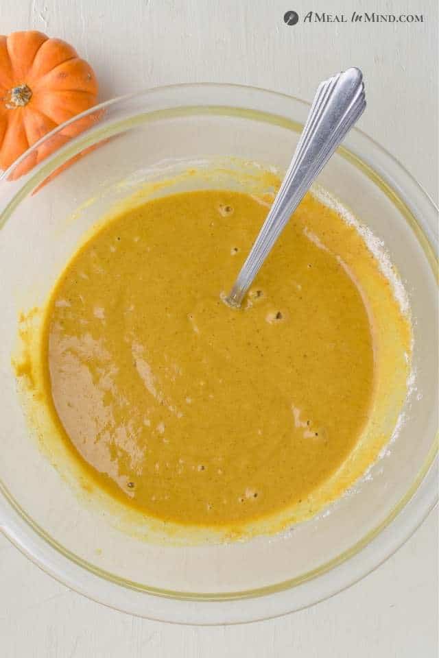 Pumpkin Protein Pancake batter in mixing bowl