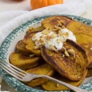Pumpkin Protein Pancakes on ceramic platter