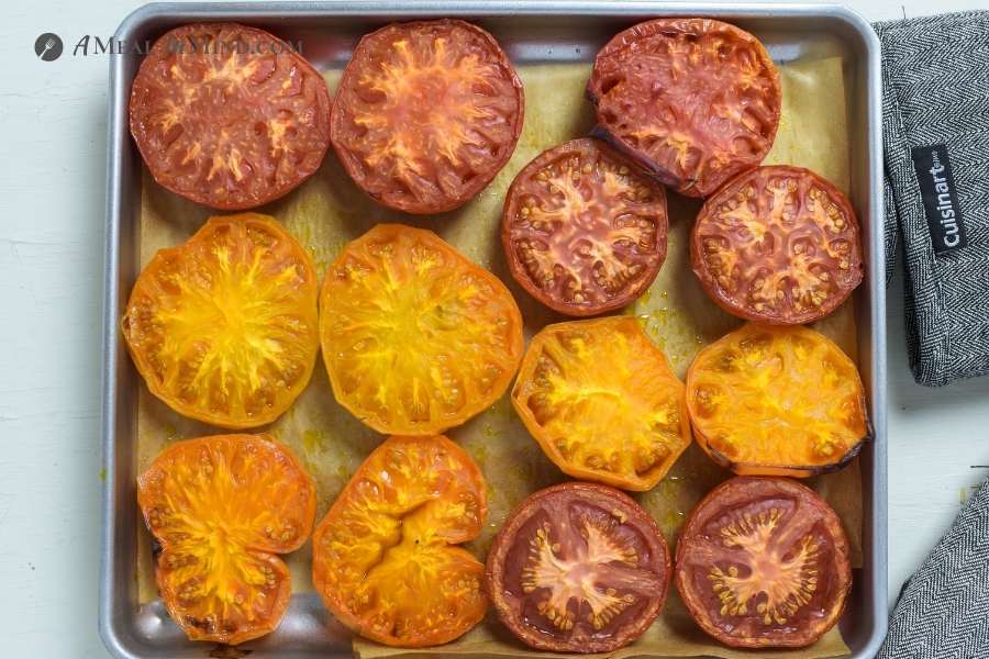roasted heirloom tomatoes on toaster oven tray