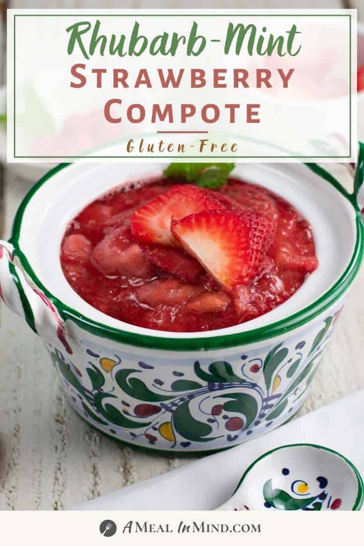 pinterest image of strawberry-rhubarb mint compote in patterned bowl