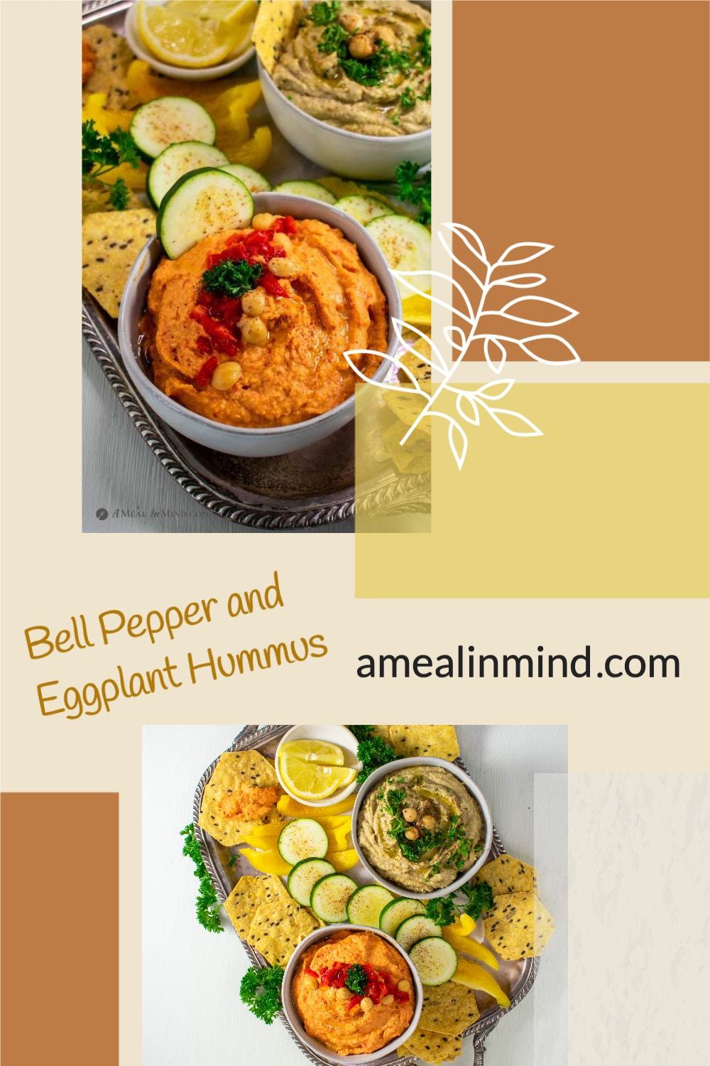 pinterest collage of bell pepper and eggplant hummus dips in small bowls