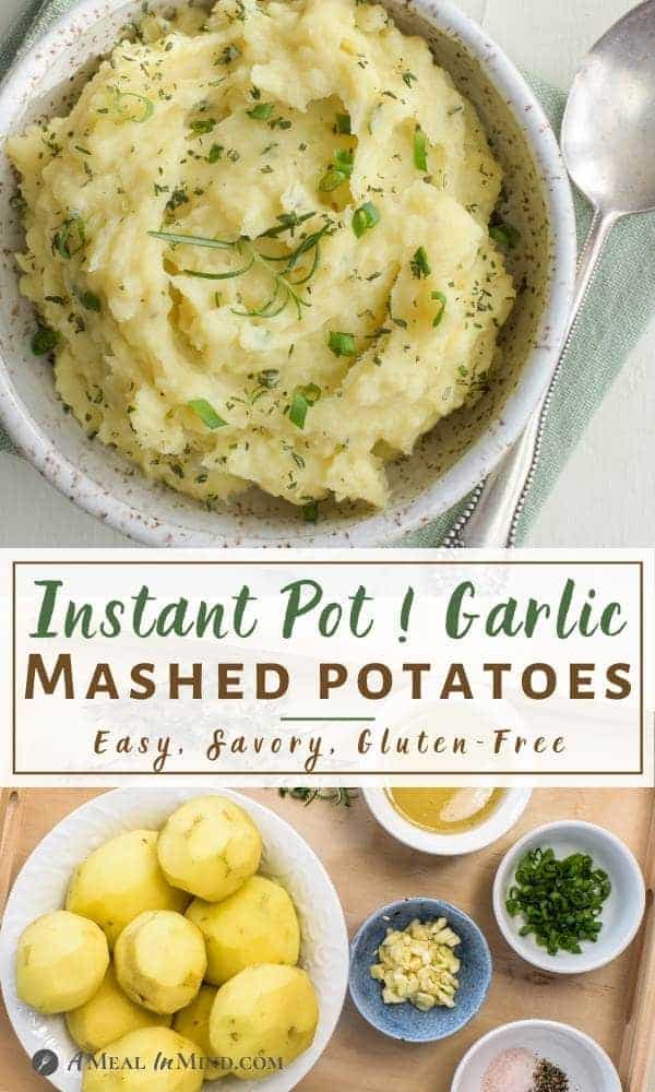 2 image pinterest collage of garlic mashed potatoes