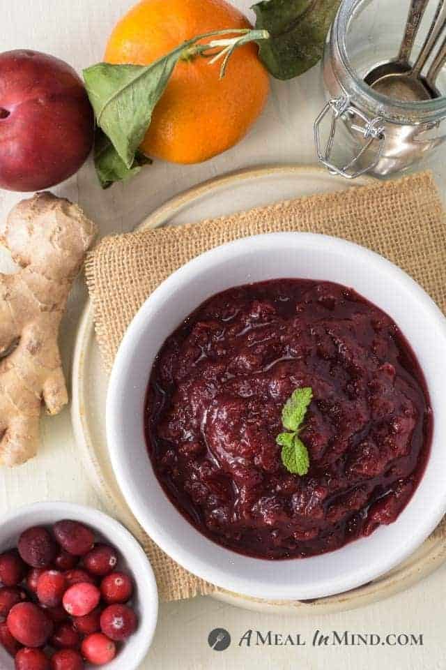 gingered cranberry plum sauce in white bowl