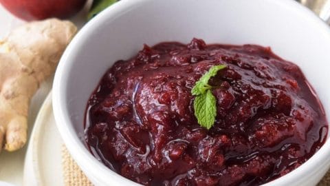 Gingered Cranberry Plum Sauce in white bowl