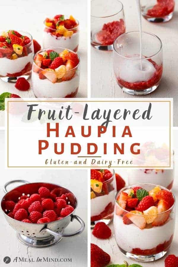 fruit layered haupia pudding 4 image collage