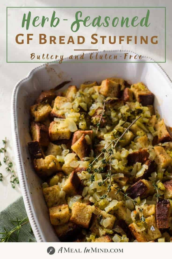 pinterest image of herbed gluten-free stuffing in white baking dish