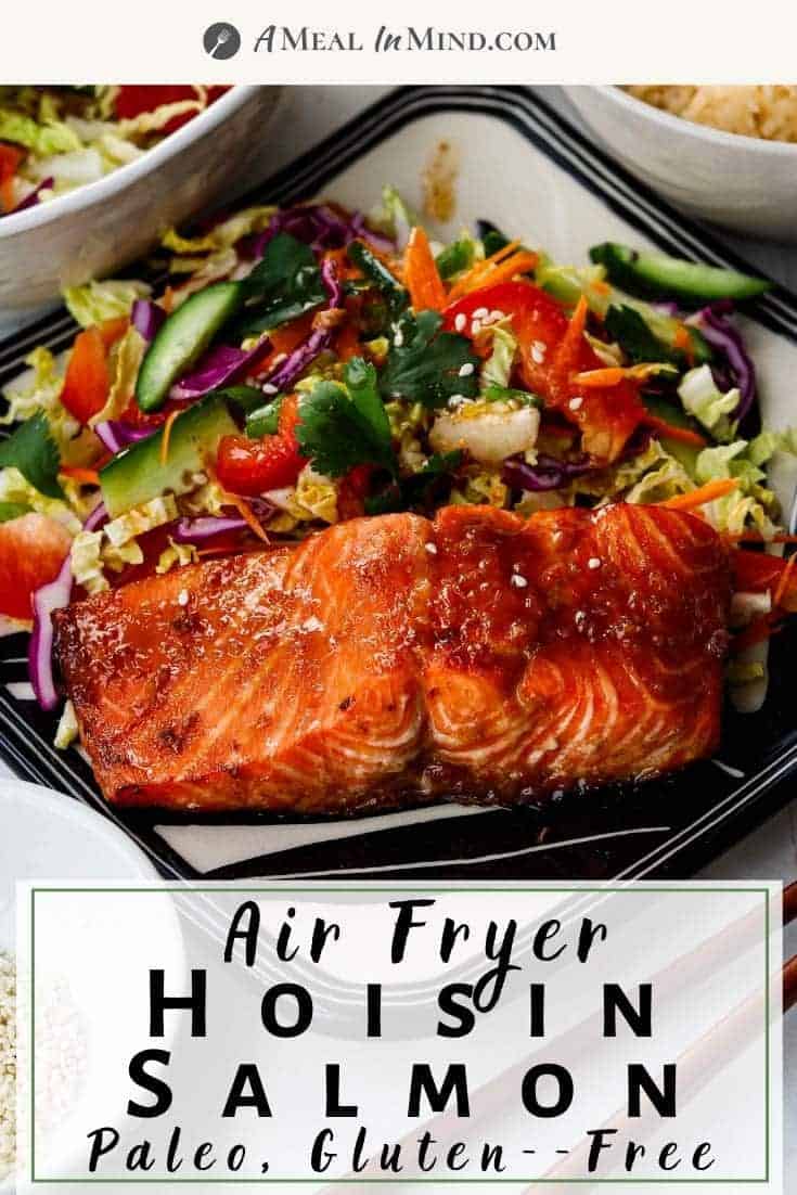 pinterest image of air fryer hoisin salmon