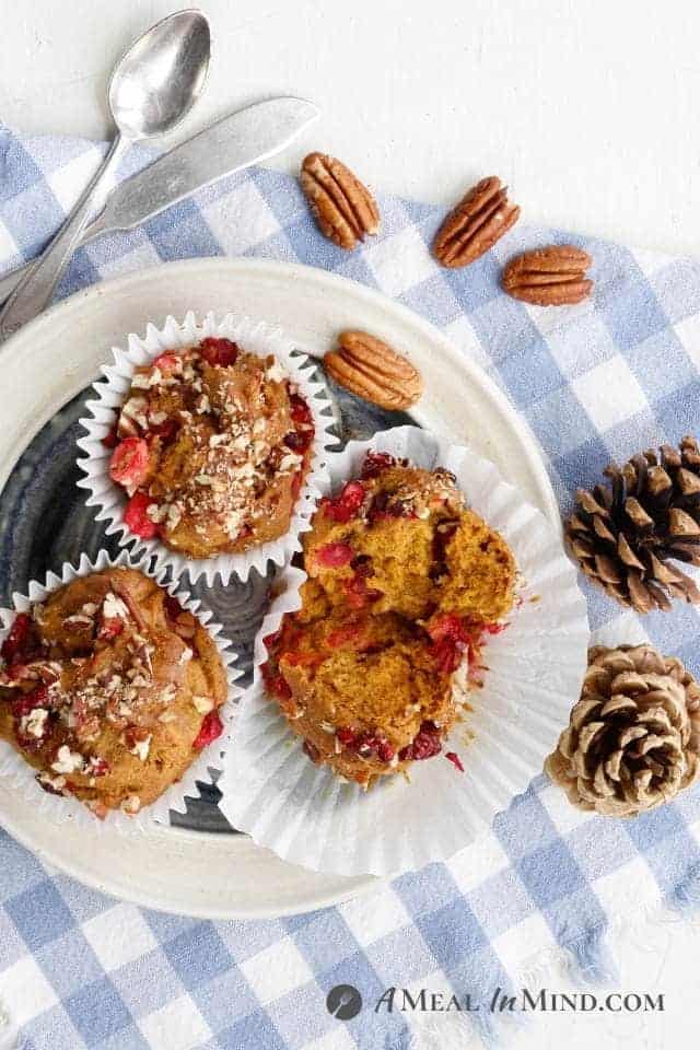 Cranberry-Pecan Pumpkin Muffins - Gluten-Free overhead view on plate