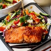 air fryer hoisin salmon on patterned plate with side dishes
