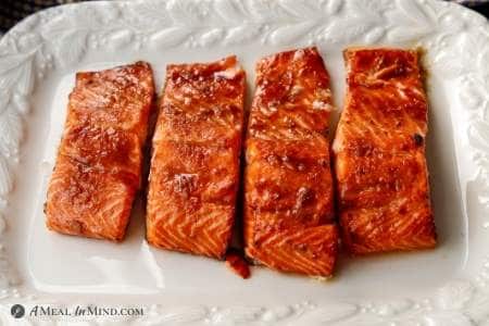 air fryer hoisin salmon on white platter