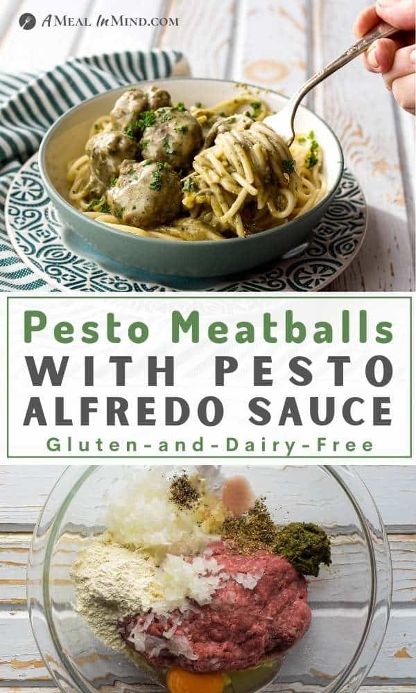 Paleo Pesto Meatballs and Alfredo Sauce pinterest collage