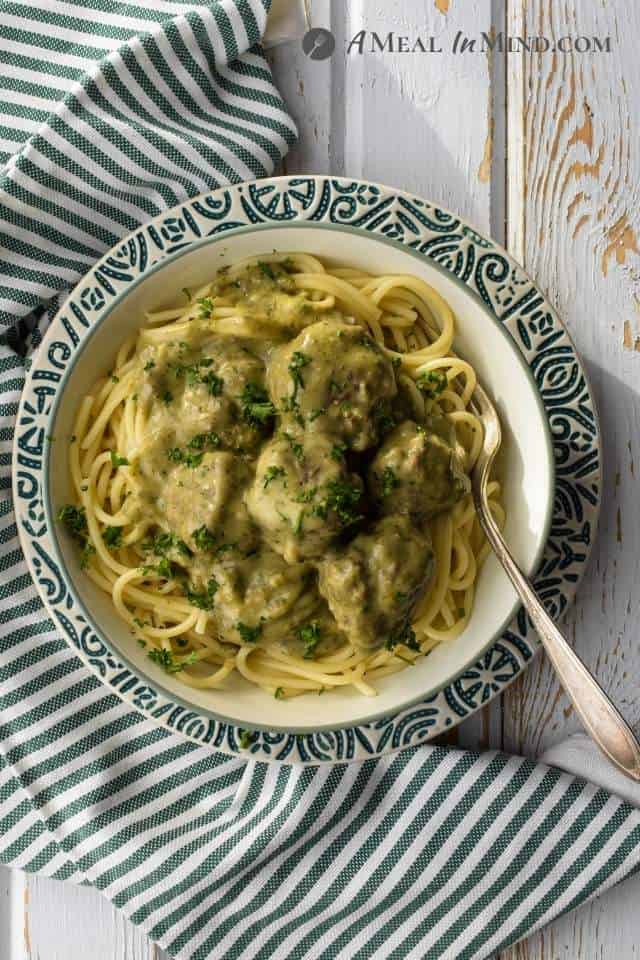 Paleo Pesto Meatballs and Alfredo Sauce on gf pasta