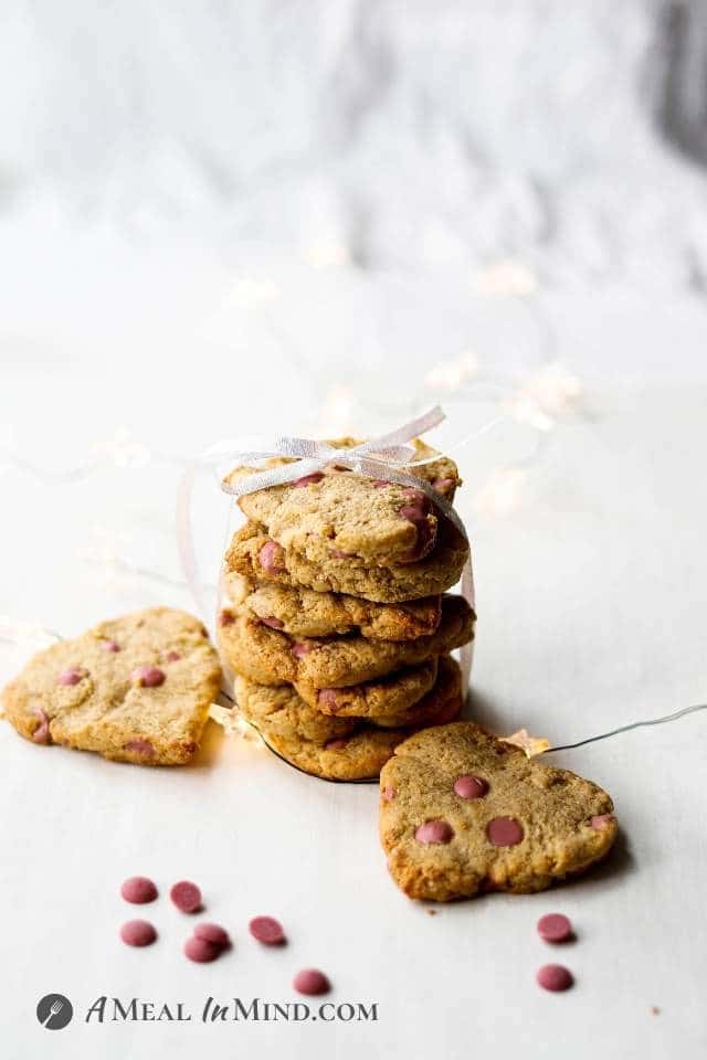 stack of cookies tied with ribbon and with ruby chips