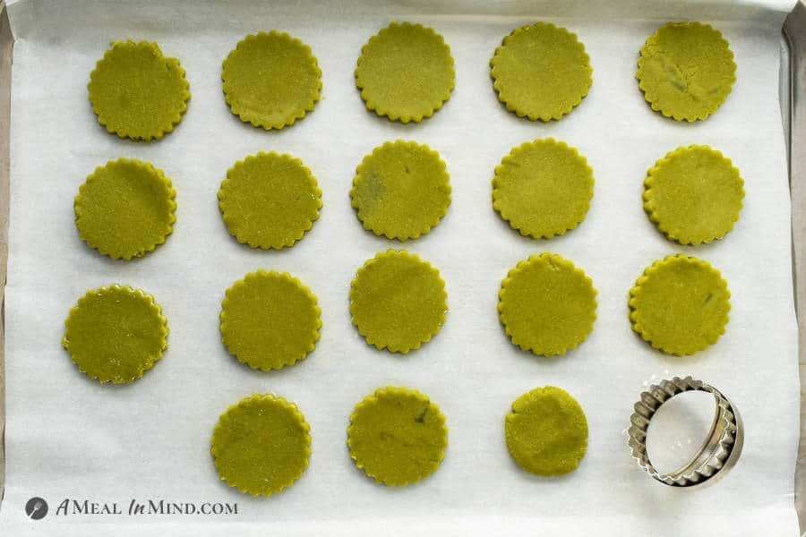 paleo matcha cookies on baking sheet